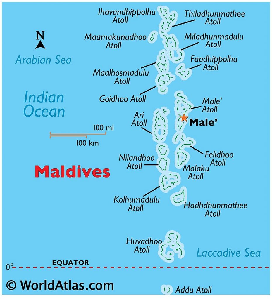 Figura 1 - Mapa das principais Ilhas e a capital Malé nas Maldivas.
