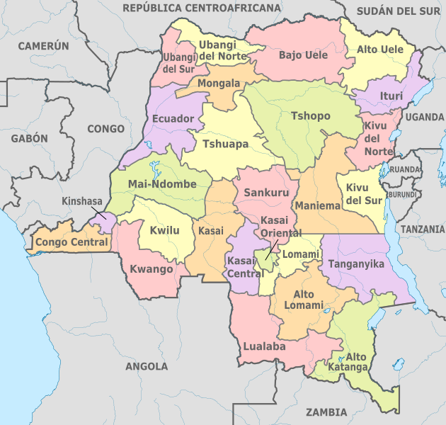 Divisões administrativas da República Democrática do Congo. Fonte: Wikicommons, 2019.
