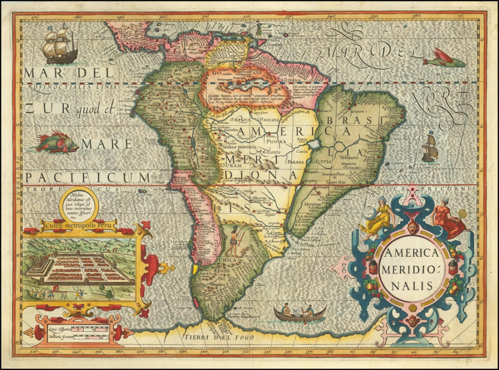 Mapa antigo mostrando o Lago Dourado no centro do Brasil e o mítico Lago Parima na região amazônica ao norte