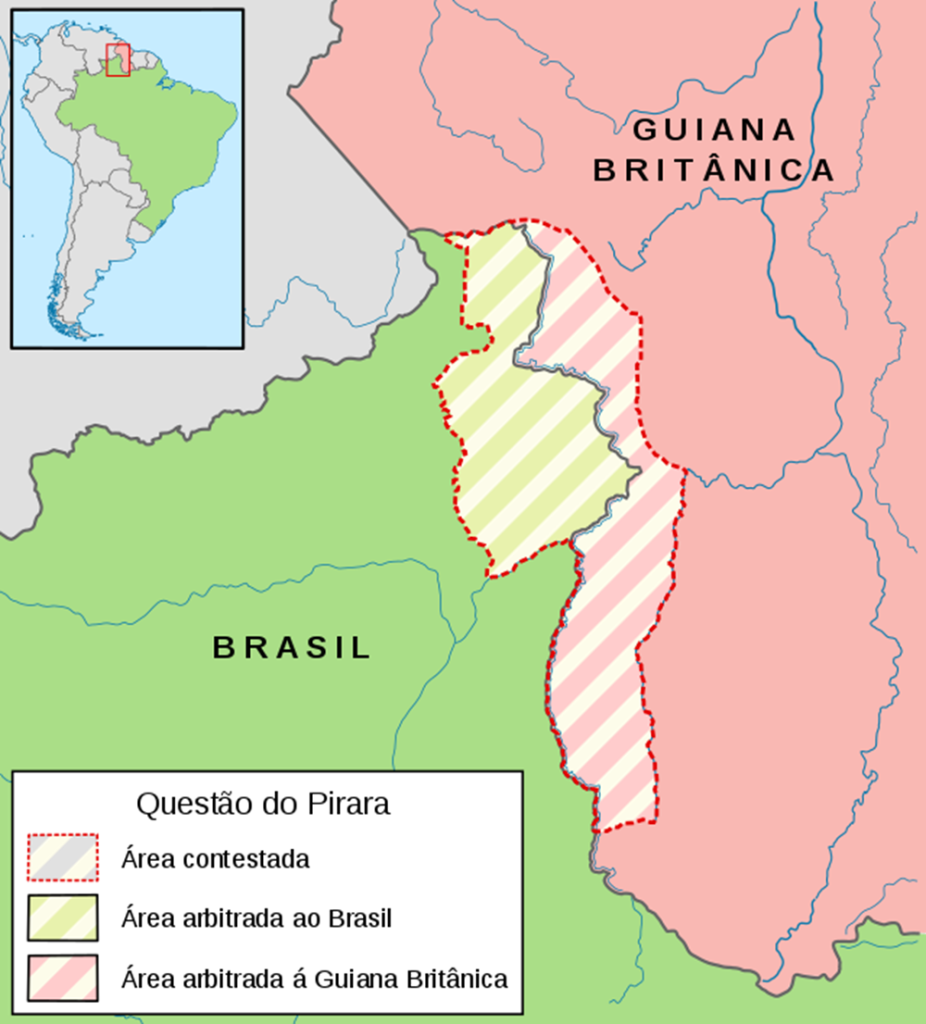 Mapa da região disputada Por Reino Unido e Brasil na Questão do Pirara na Amazônia